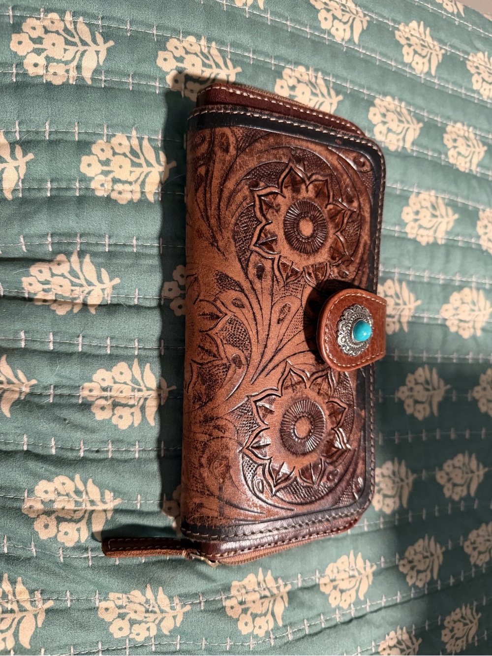 Brown Floral Tooled Leather Phone Wallet Case with Turquoise Accent